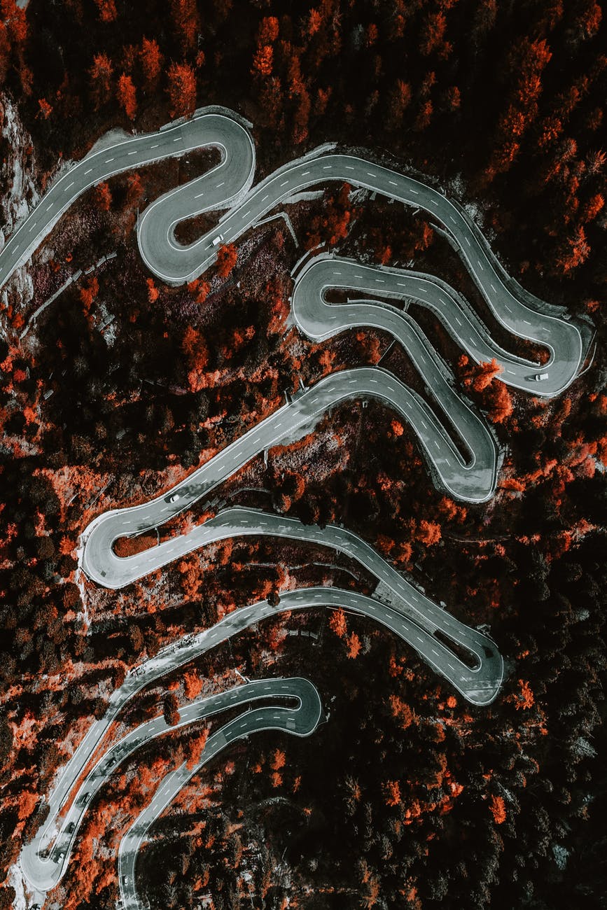 aerial photography of zig zag road
